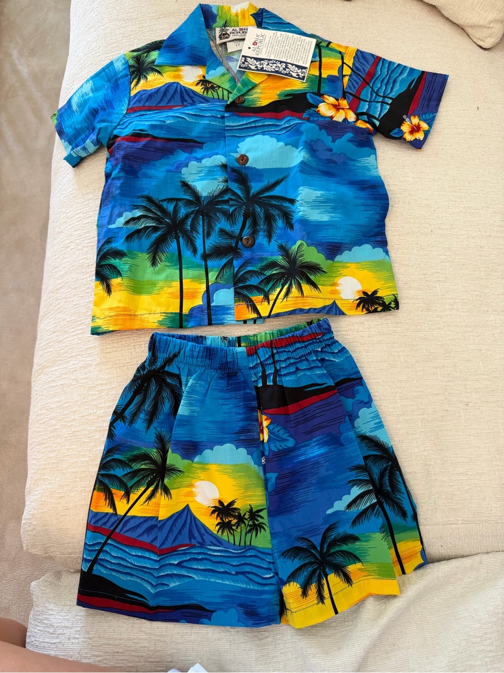 Kids Tropical Palm Print Pajama Set in Bright Blue and Yellow